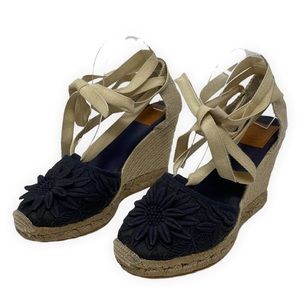 Tory Burch Wrap Ankle Wedge Espadrilles Lace Toe Navy Blue Tan_10.5